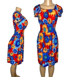 Size S/M Women Off Shoulder Floral Blue and Red Short Sleeve Knee Length Dress